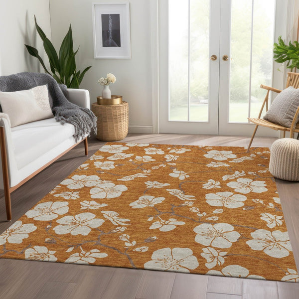 HomeRoots 9' X 12' Floral Washable Area Rug in Rust & Beige – Durable, UV-Protected, Kid & Pet-Friendly Design 681064