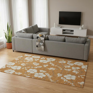 HomeRoots 10' X 14' Washable Rust and Beige Floral Area Rug with UV Protection – Durable, Stylish, Stain-Resistant! 681065