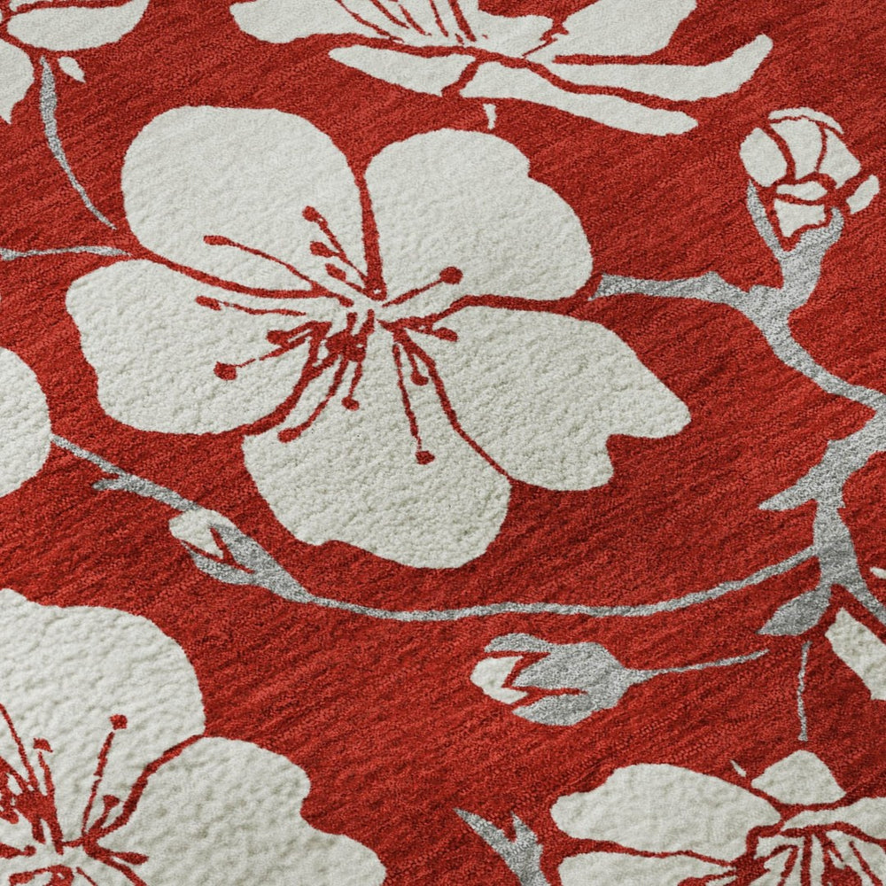 HomeRoots 5' X 8' Red and Ivory Floral Area Rug - Washable, UV-Protected, Durable Design for Family Spaces 681067