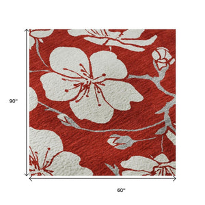 HomeRoots 5' X 8' Red and Ivory Floral Area Rug - Washable, UV-Protected, Durable Design for Family Spaces 681067