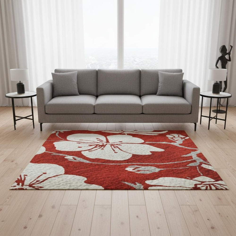 HomeRoots 5' X 8' Red and Ivory Floral Area Rug - Washable, UV-Protected, Durable Design for Family Spaces 681067