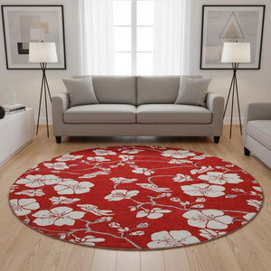 HomeRoots 8' Red Floral Washable Round Rug with UV Protection, Stain Resistance & Easy Care for Busy Homes 681068