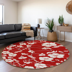 HomeRoots 8' Red Floral Washable Round Rug with UV Protection, Stain Resistance & Easy Care for Busy Homes 681068