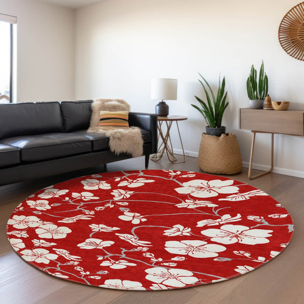 HomeRoots 8' Red Floral Washable Round Rug with UV Protection, Stain Resistance & Easy Care for Busy Homes 681068