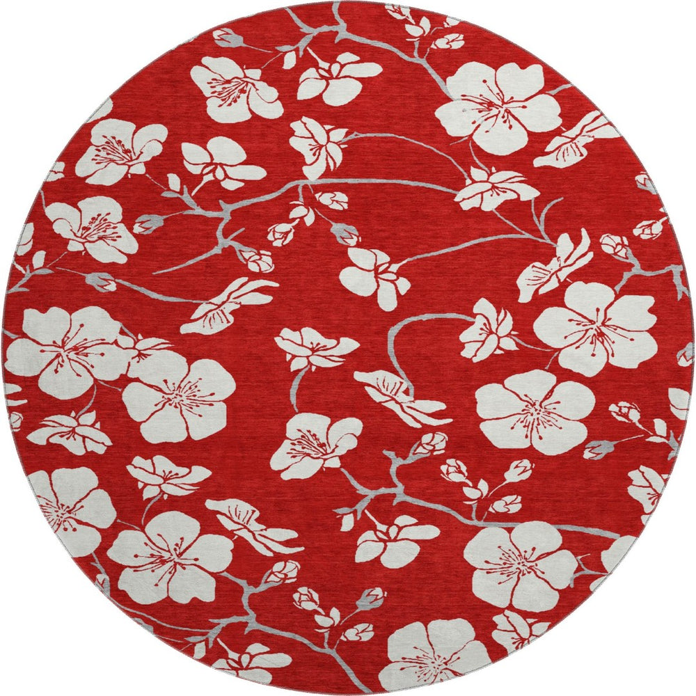 HomeRoots 8' Red Floral Washable Round Rug with UV Protection, Stain Resistance & Easy Care for Busy Homes 681068
