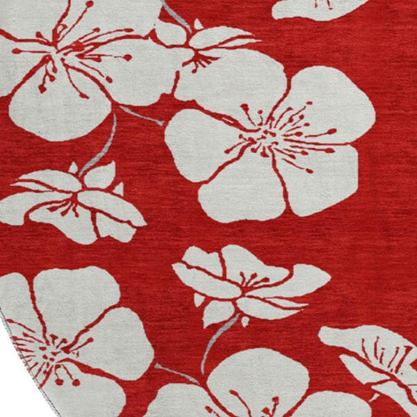 HomeRoots 8' Red Floral Washable Round Rug with UV Protection, Stain Resistance & Easy Care for Busy Homes 681068