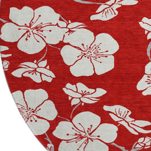 HomeRoots 8' Red Floral Washable Round Rug with UV Protection, Stain Resistance & Easy Care for Busy Homes 681068