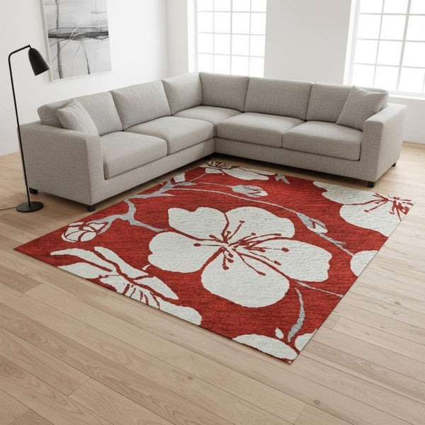 HomeRoots 8' X 10' Red And Ivory Floral Area Rug - Machine-Washable, UV Protected, Stain-Resistant Design 681069