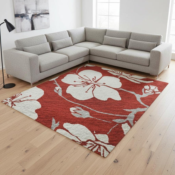 HomeRoots 9' X 12' Elegant Red And Ivory Floral Area Rug – Washable, UV Protected, Perfect For High-Traffic Spaces 681070