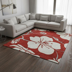 HomeRoots 10' X 14' Red and Ivory Floral Area Rug - Washable, UV-Protected, Stylish, and Durable Design for Homes 681071