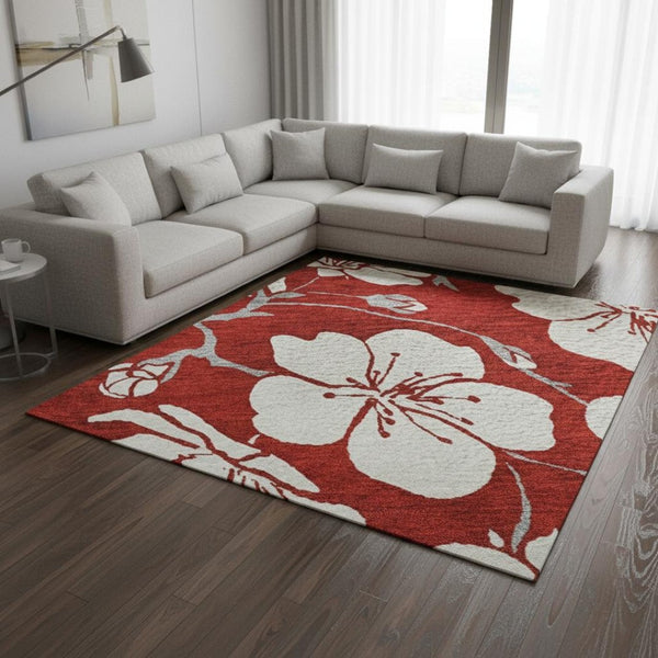 HomeRoots 10' X 14' Red and Ivory Floral Area Rug - Washable, UV-Protected, Stylish, and Durable Design for Homes 681071