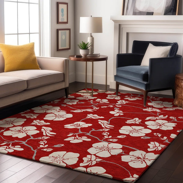 HomeRoots 10' X 14' Red and Ivory Floral Area Rug - Washable, UV-Protected, Stylish, and Durable Design for Homes 681071