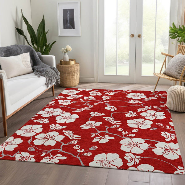 HomeRoots 10' X 14' Red and Ivory Floral Area Rug - Washable, UV-Protected, Stylish, and Durable Design for Homes 681071