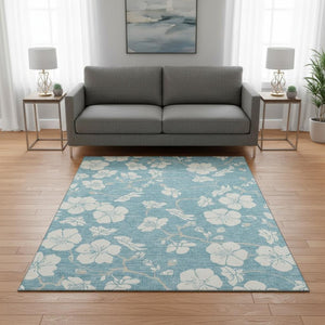 HomeRoots 5' X 8' Sky Blue & Ivory Floral Washable Area Rug - Durable, UV-Protected, Perfect for High-Traffic Spaces 681073