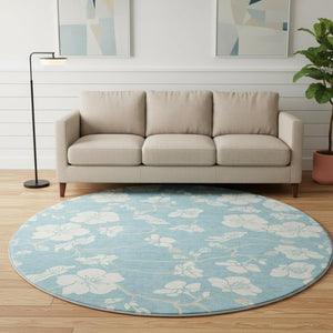 HomeRoots 8' Sky Blue Floral Round Rug - Washable, UV Protected, Durable Design for Homes with Kids & Pets 681074