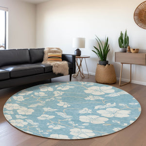HomeRoots 8' Sky Blue Floral Round Rug - Washable, UV Protected, Durable Design for Homes with Kids & Pets 681074