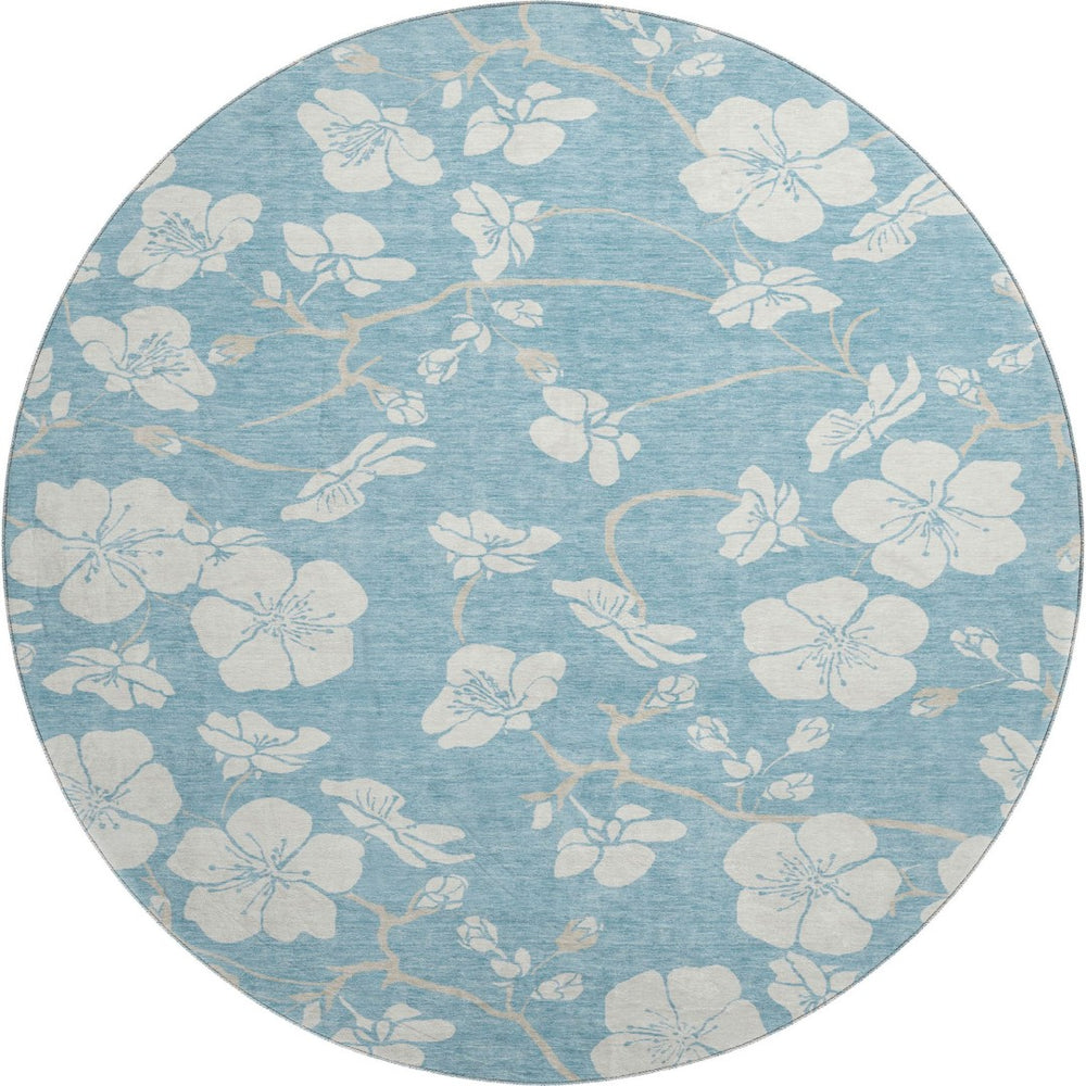 HomeRoots 8' Sky Blue Floral Round Rug - Washable, UV Protected, Durable Design for Homes with Kids & Pets 681074