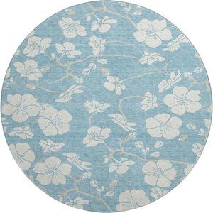 HomeRoots 8' Sky Blue Floral Round Rug - Washable, UV Protected, Durable Design for Homes with Kids & Pets 681074