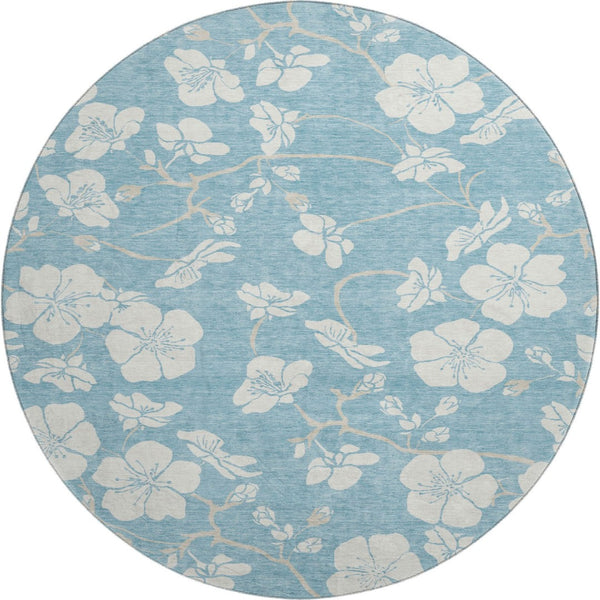 HomeRoots 8' Sky Blue Floral Round Rug - Washable, UV Protected, Durable Design for Homes with Kids & Pets 681074