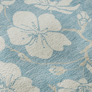HomeRoots 8' Sky Blue Floral Round Rug - Washable, UV Protected, Durable Design for Homes with Kids & Pets 681074