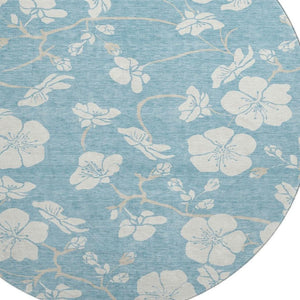 HomeRoots 8' Sky Blue Floral Round Rug - Washable, UV Protected, Durable Design for Homes with Kids & Pets 681074