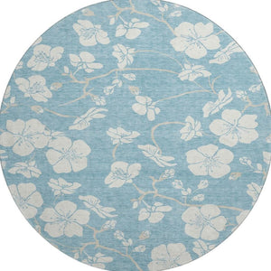 HomeRoots 8' Sky Blue Floral Round Rug - Washable, UV Protected, Durable Design for Homes with Kids & Pets 681074