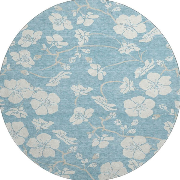 HomeRoots 8' Sky Blue Floral Round Rug - Washable, UV Protected, Durable Design for Homes with Kids & Pets 681074