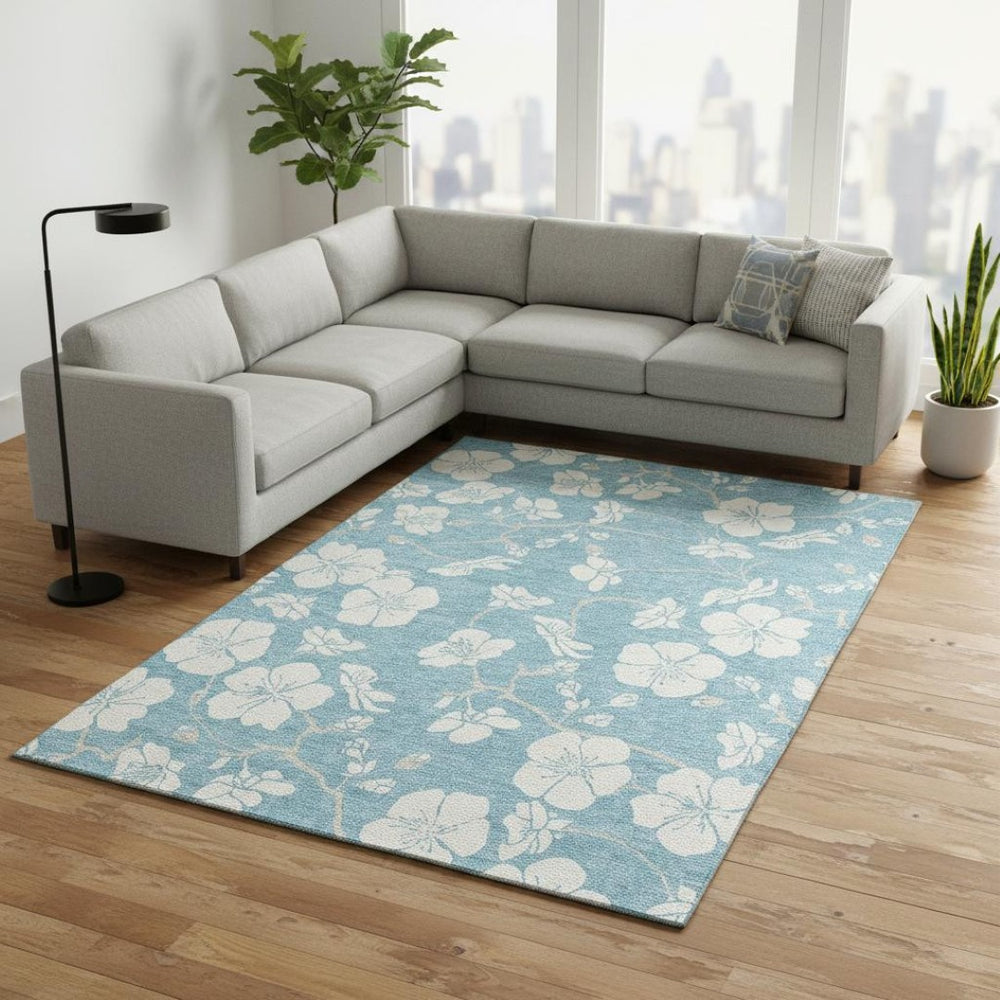 HomeRoots 8' X 10' Sky Blue & Ivory Floral Area Rug – Washable, UV-Protected, Stain-Resistant & Stylish Decor 681075