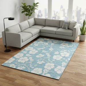 HomeRoots 8' X 10' Sky Blue & Ivory Floral Area Rug – Washable, UV-Protected, Stain-Resistant & Stylish Decor 681075