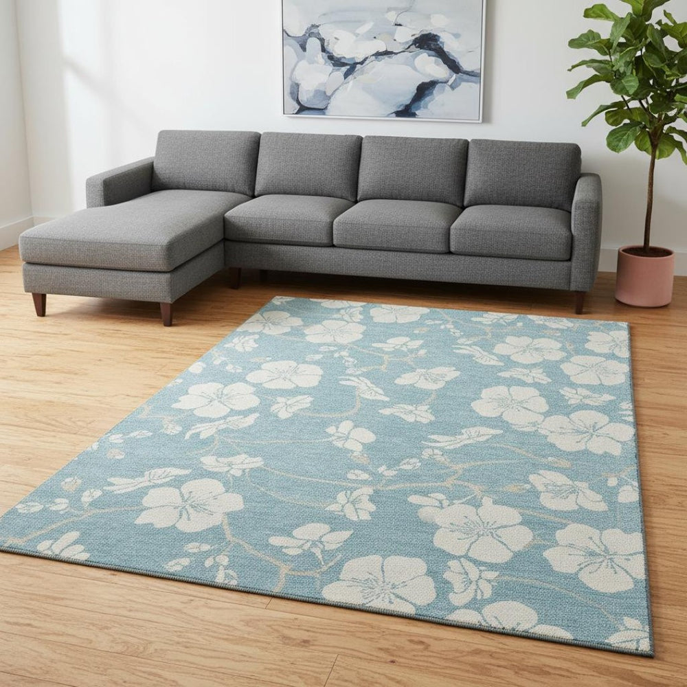 HomeRoots 9' X 12' Sky Blue Floral Area Rug - Washable, UV-Protected, Stain-Resistant for High-Traffic Homes 681076