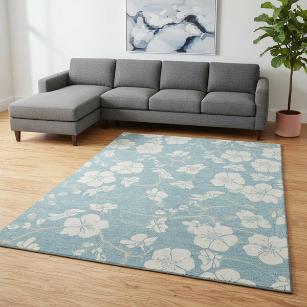 HomeRoots 9' X 12' Sky Blue Floral Area Rug - Washable, UV-Protected, Stain-Resistant for High-Traffic Homes 681076
