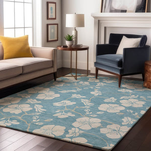 HomeRoots 9' X 12' Sky Blue Floral Area Rug - Washable, UV-Protected, Stain-Resistant for High-Traffic Homes 681076