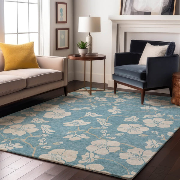 HomeRoots 9' X 12' Sky Blue Floral Area Rug - Washable, UV-Protected, Stain-Resistant for High-Traffic Homes 681076