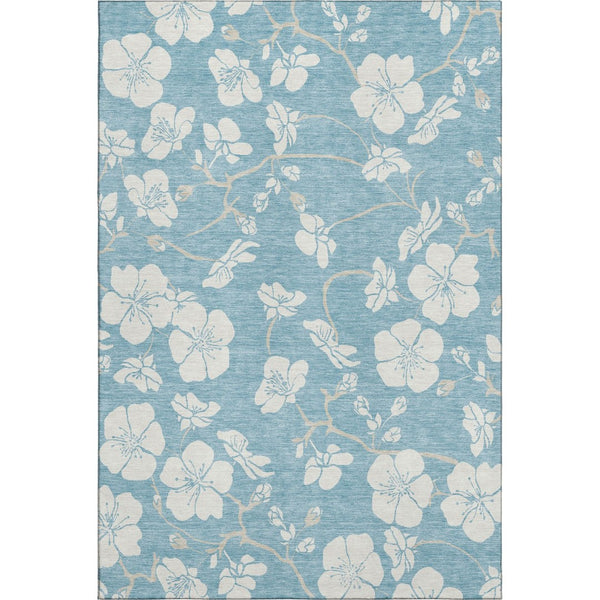 HomeRoots 9' X 12' Sky Blue Floral Area Rug - Washable, UV-Protected, Stain-Resistant for High-Traffic Homes 681076