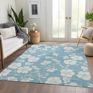 HomeRoots 9' X 12' Sky Blue Floral Area Rug - Washable, UV-Protected, Stain-Resistant for High-Traffic Homes 681076