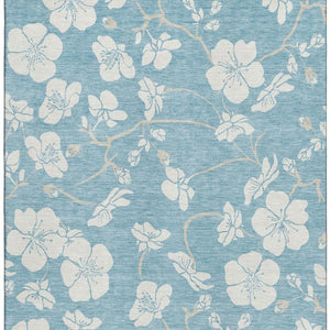 HomeRoots 9' X 12' Sky Blue Floral Area Rug - Washable, UV-Protected, Stain-Resistant for High-Traffic Homes 681076