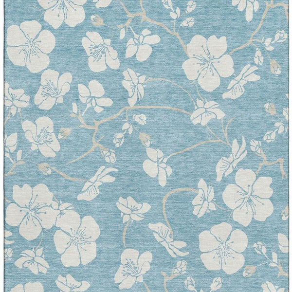 HomeRoots 9' X 12' Sky Blue Floral Area Rug - Washable, UV-Protected, Stain-Resistant for High-Traffic Homes 681076