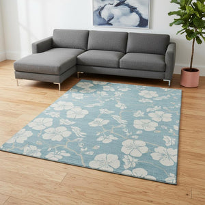 HomeRoots 10' Sky Blue and Ivory Floral Washable Area Rug - Durable, Stain Resistant, UV Protected Design for Home 681077