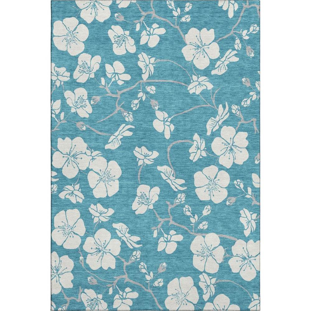 HomeRoots 5' X 8' Turquoise & Ivory Floral Area Rug - Washable, UV Protected, Stain Resistant for Any Space! 681079