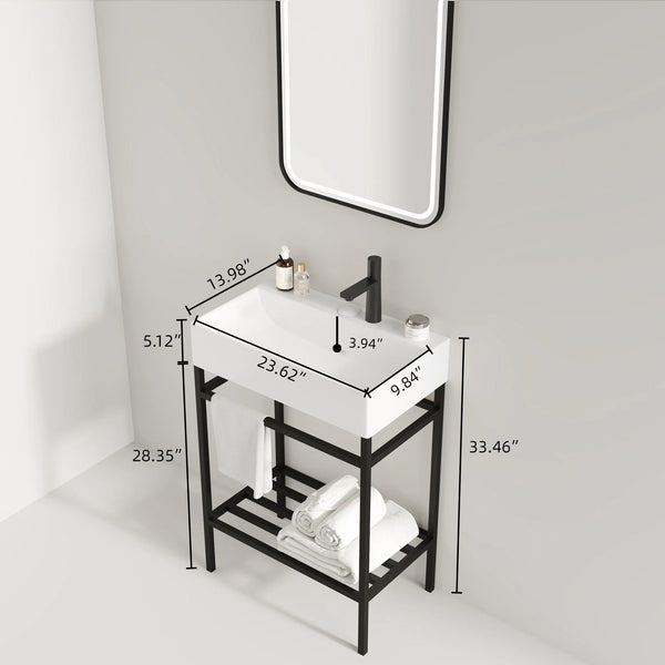 English Elm LOFI Ceramic Integrated Bathroom Vanity 24" with Rectangular Basin, Open Metal Shelf, Easy Clean White+Black W2615S00060