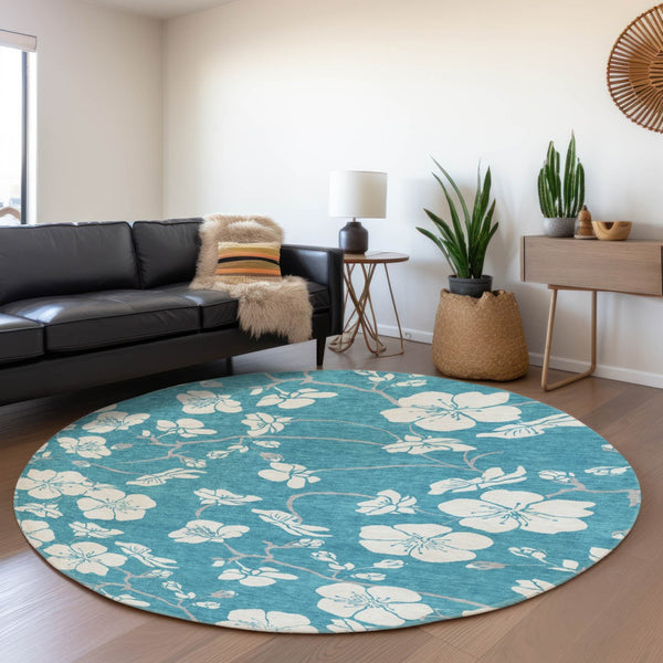 HomeRoots 8' Turquoise & Ivory Floral Washable Round Rug with Durable UV Protection for Everyday Elegance 681080