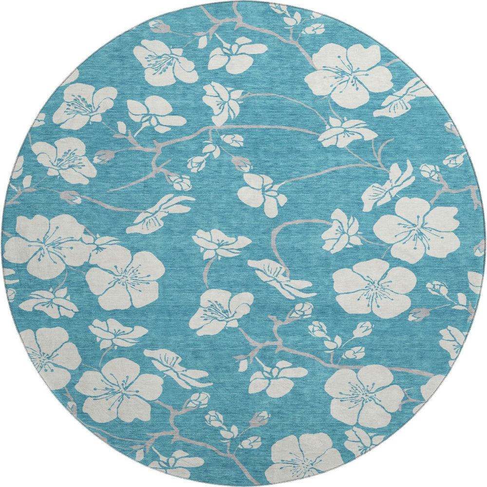 HomeRoots 8' Turquoise & Ivory Floral Washable Round Rug with Durable UV Protection for Everyday Elegance 681080
