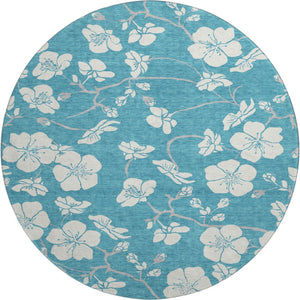 HomeRoots 8' Turquoise & Ivory Floral Washable Round Rug with Durable UV Protection for Everyday Elegance 681080