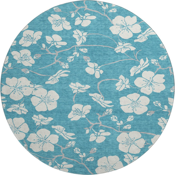 HomeRoots 8' Turquoise & Ivory Floral Washable Round Rug with Durable UV Protection for Everyday Elegance 681080