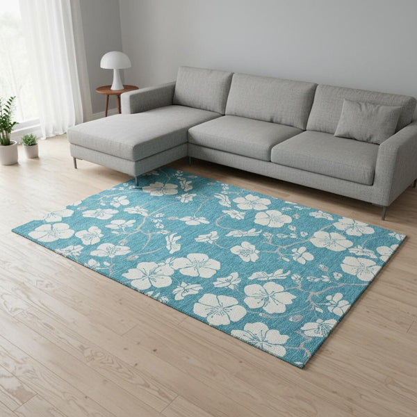 HomeRoots 9' X 12' Turquoise Floral Area Rug – Washable, UV-Protected, Durable & Stylish for High-Traffic Spaces 681082