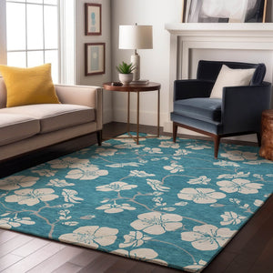 HomeRoots 10' X 14' Turquoise & Ivory Floral Area Rug - Washable, UV Protected, Durable for Family Spaces 681083