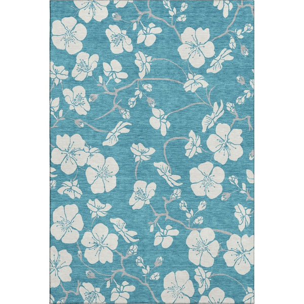 HomeRoots 10' X 14' Turquoise & Ivory Floral Area Rug - Washable, UV Protected, Durable for Family Spaces 681083