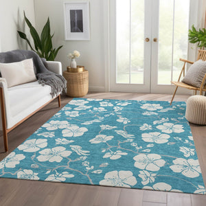 HomeRoots 10' X 14' Turquoise & Ivory Floral Area Rug - Washable, UV Protected, Durable for Family Spaces 681083
