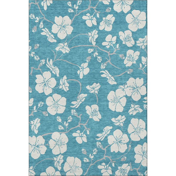 HomeRoots 10' X 14' Turquoise & Ivory Floral Area Rug - Washable, UV Protected, Durable for Family Spaces 681083