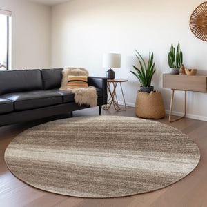 HomeRoots 8' Brown And Ivory Striped Round Rug - Washable, Stain Resistant, UV Protected for High Traffic Areas 681086